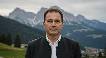 Portrait of a Man in Traditional Attire Against a Mountainous Landscape