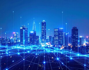 Obraz premium City skyline at night with digital network