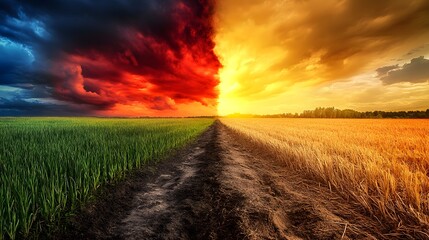 Nature's Dichotomy: Green Field Meets Golden Wheat Under a Dramatic Sky