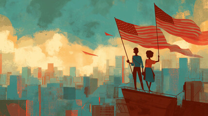 Man and woman wave US flag from skyscraper rooftop in textured art