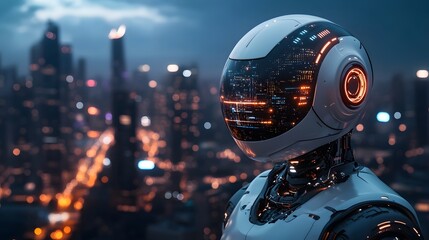 Futuristic AI Robot Head in Cityscape: High-Tech Concept, Machine Learning.