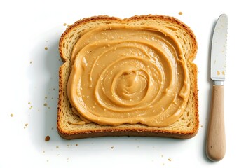 peanut butter on a slice of toast bread and a knife white background