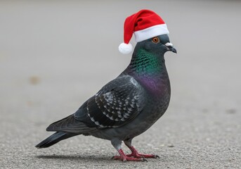 Obraz premium Pigeon wearing a santa hat standing on the ground