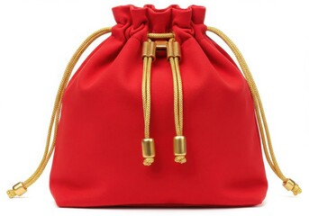Red drawstring pouch with gold strings and hardware