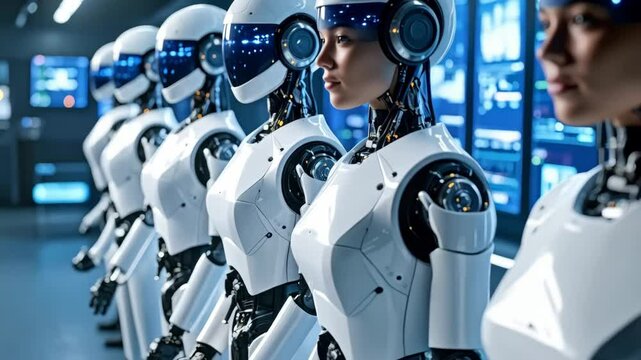 Line of humanoid robots with white armor and futuristic headsets standing in a laboratory, facing forward with electronic displays in background.