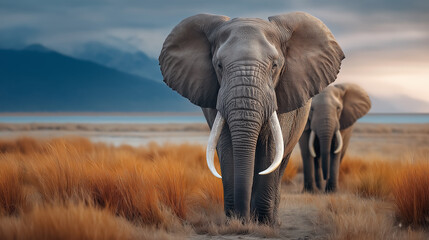 Fototapeta premium A majestic African elephant with large tusks walks towards the camera in a golden savanna. Another elephant follows in the background, mountains visible on the horizon. A breathtaking wildlife scene