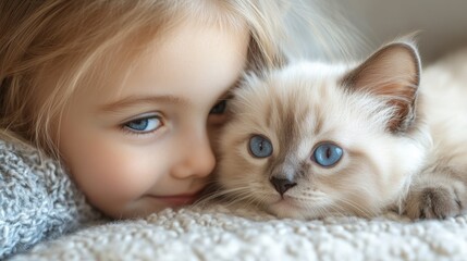 A beautiful girl and an affectionate kitten engage in a heartwarming nose-to-nose interaction, surrounded by a cozy, softly lit room.
