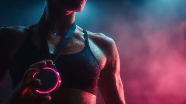 Athlete showcasing medal in dramatic lighting, celebrating achievement and dedication.