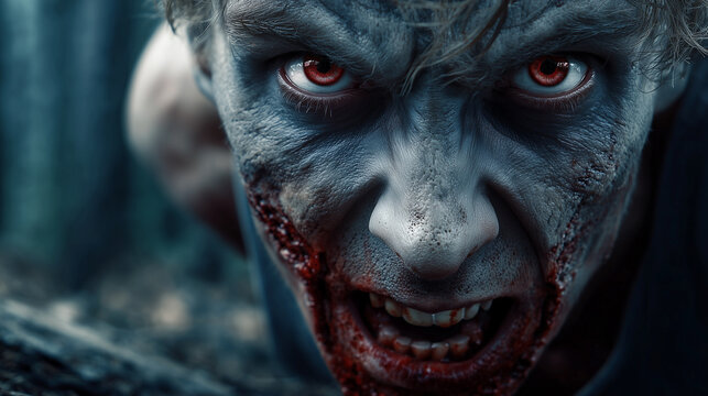 A close-up reveals a terrifying zombie face, its skin pallid and scarred with bloody wounds. Glowing red eyes pierce the darkness, enhancing the gruesome detail.
