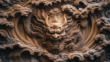 Intricate Carved Wooden Panel of a Japanese Demon Rising Amidst Stormy Ocean Waves 