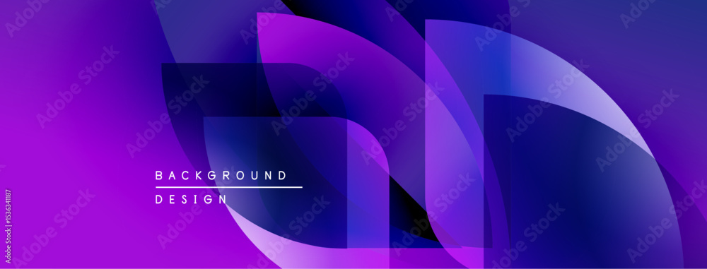Poster Abstract purple design features flowing shapes, gradients. Modern background with text elements, dynamic composition.