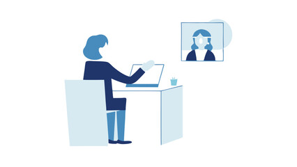 Obraz premium A businesswoman presenting remotely in a web conference from home with simple blue vector graphics