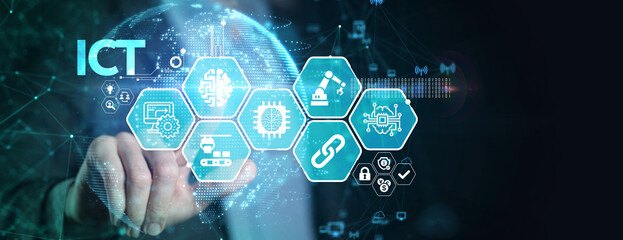 ICT Information communication technology internet concept on virtual screen.