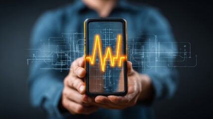 Person holding smartphone displaying heartbeat graphic on a dark background.