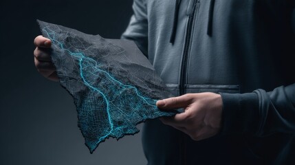 Person holds a futuristic map with glowing lines, symbolizing modern navigation.