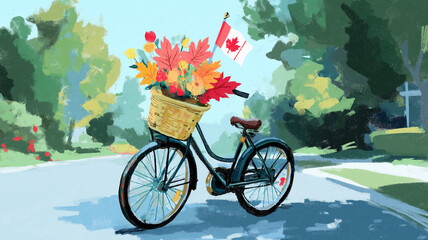Cute flat illustration of bike with basket full of maple flags