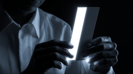 Person holds glowing object with focused expression in dark environment.