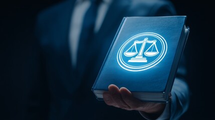 Professional holding a glowing legal book with scales symbolizing justice and law.