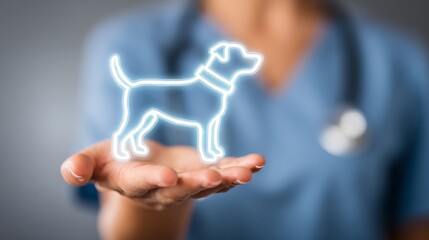 Veterinarian holding a glowing dog silhouette in palm, symbolizing pet care innovation.