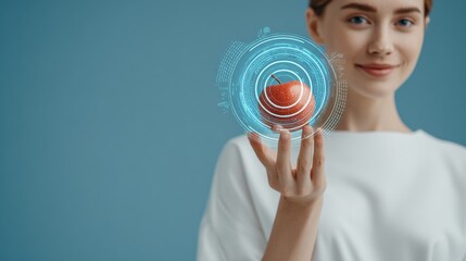 Woman holding a digital red sphere with holographic effects in a modern setting.