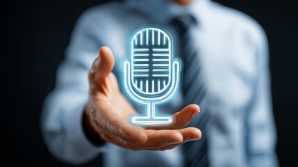 A business professional presenting a microphone for podcasting or broadcasting.