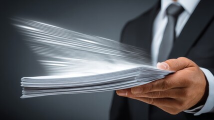A business professional presenting a stack of documents with a dynamic motion effect.