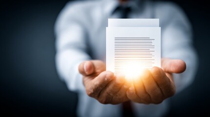A business professional presents a glowing document, symbolizing success and innovation.
