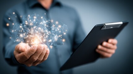 A business professional with a clipboard holding sparkling ideas for innovation.