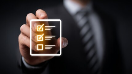 A businessman confirms tasks on a digital checklist in a professional setting.