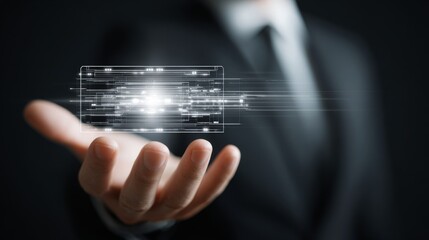 A businessman demonstrates digital innovation with a futuristic holographic display.