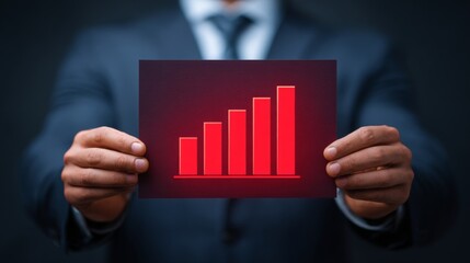 A businessman displays a red graph showing growth and success in the market.