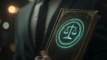 A businessman holding a book with glowing scales symbolizing justice and law.