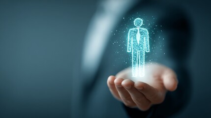 A businessman holding a glowing figure symbolizing digital innovation in his hand.