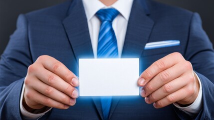 A businessman holds a blank card, symbolizing opportunity and networking.