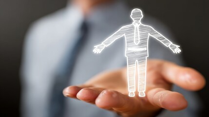 A businessman holds a digital figure, symbolizing leadership and innovation.