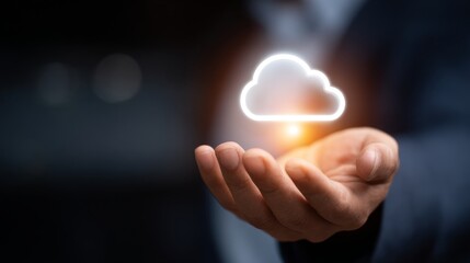 A businessman holds a glowing cloud icon in his palm, symbolizing digital storage.