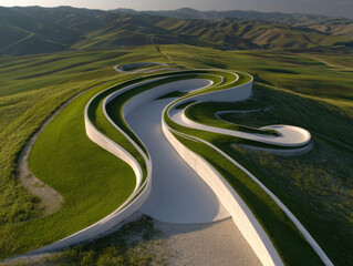 Aerial view of modern, winding architectural structure set in lush, green landscape, blending with rolling hills