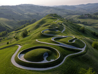 Aerial view of winding path on lush green hills, showcasing unique landscape design. scene is serene and picturesque