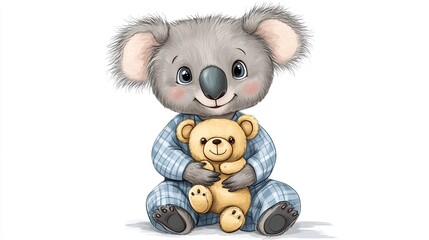 Cuddly koala in pajamas holds a teddy bear, depicted on a white backdrop