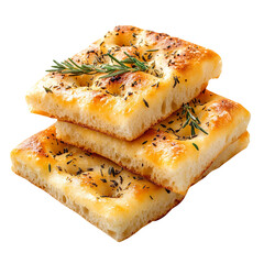 Golden baked focaccia bread with herbs, highlighting Italian flavors and artisanal baking themes, studio view isolated on a white background