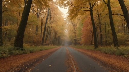 A forest road disappearing into the horizon, bordered by towering trees in deep autumn colors and thick layers of fallen leaves swept by the wind.