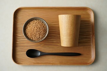 Wooden Tray with Spice Jar and and Measuring Spoon.