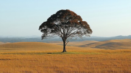 Majestic Tree on Golden Hillside Landscape Under a Clear Sky on a Sunny Day