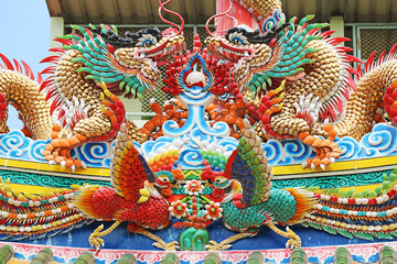 Two Green Dragon Chasing a Flaming Pearl with a Pair of Phoenix, Stunning Sculptures on the Roof of...