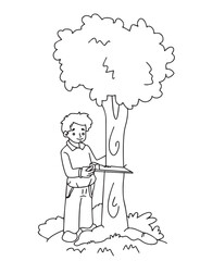 Cute cartoon hand drawn vector boy cutting tree outline.