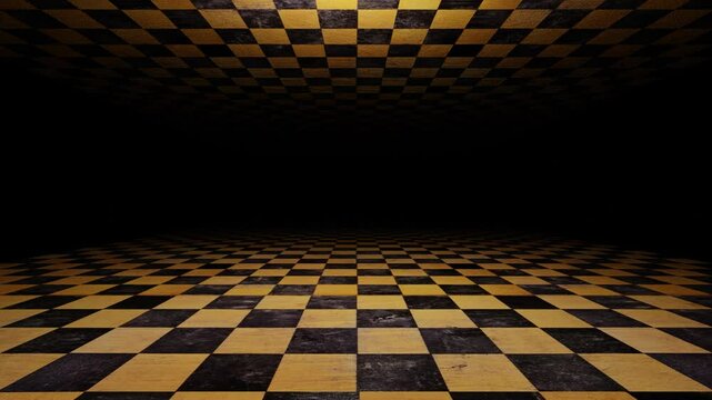 endless camera movement forward into the darkness in a tunnel made of old wooden chessboard. 3d render looped animation.