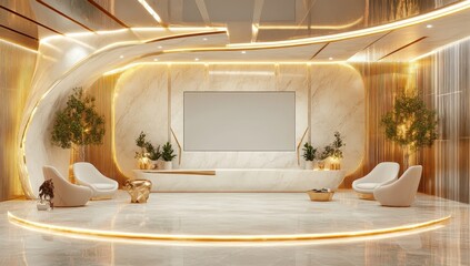 A virtual studio for TV talk shows with a white and gold theme. The ceiling is curved and has golden lines.