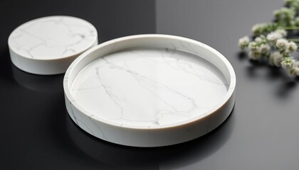 Empty round marble tray on black, ideal for product display, minimal, black background