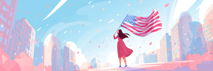 Whimsical flat art of woman waving US flag in cityscape