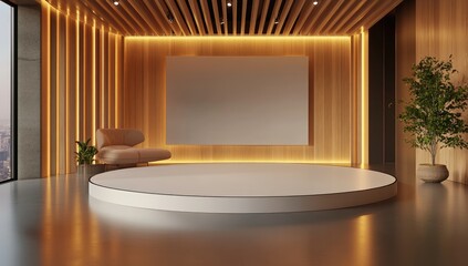 A virtual TV studio set with a flat, curved wall and a large screen on the back wall. The background is a green-blue gradient.